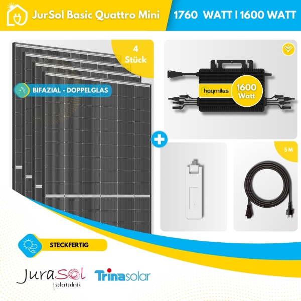 Balkonkraftwerk 1760 Watt 800 Watt Solar Hoymiles HMS 1600 - Bifazial Doppelglas - JurSol BASIC MINI QUATTRO
